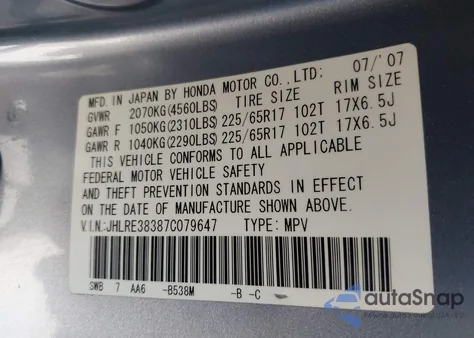 2007 Honda Cr-V Lx z USA, uszkodzony, nr VIN JHLRE38387C079647